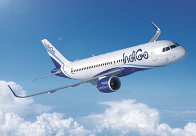 Indigo A320 against a blue sky